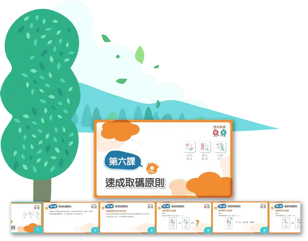 《中小學生學倉頡》畫面：電腦顯示第六課的完成課程進度與課堂內容，背景為綠色草地與樹木的插圖場景